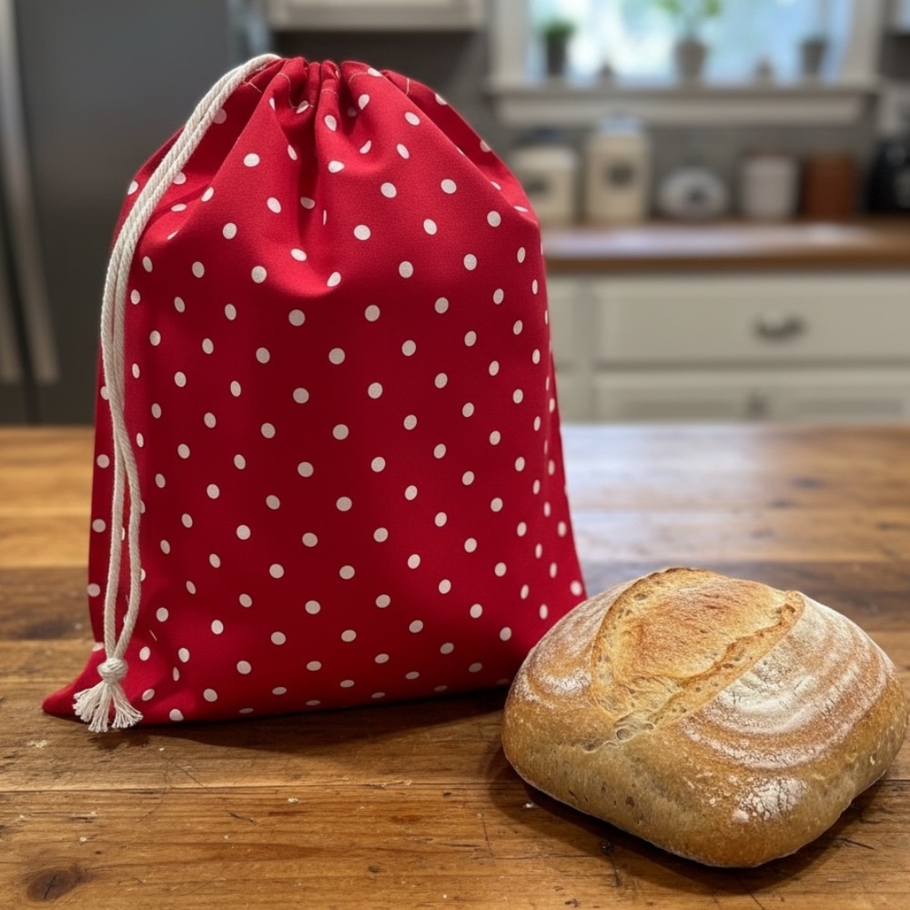 Red and White Polka Dot Cotton Bread Bag, Handmade Reusable Sourdough Storage